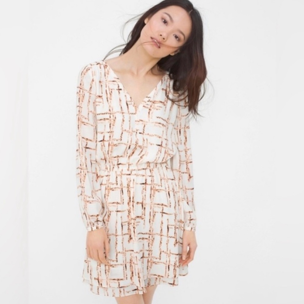White House Black Market Brown Lattice Printed Elastic Waist Blouson Dress Sz 0